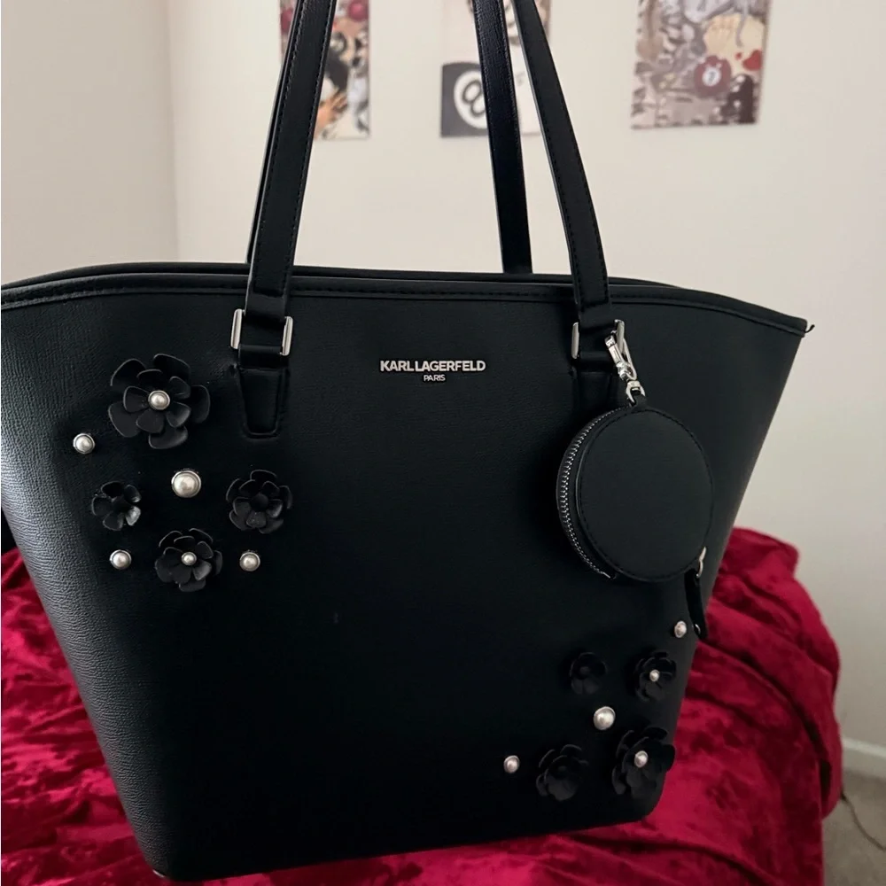Karl Lagerfeld Black Tote with Floral Accents - Picture 1 of 4